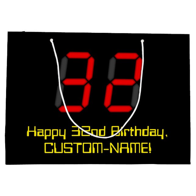 32nd Birthday: Red Digital Clock Style "32" + Name Large Gift Bag (Back)