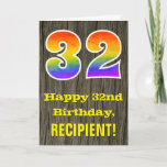 [ Thumbnail: 32nd Birthday: Rustic Faux Wood Look, Rainbow "32" Card ]