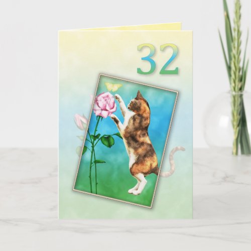 32nd Birthday with a playful cat Card