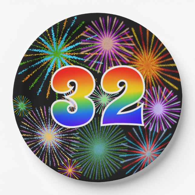 32nd Event - Fun, Colorful, Bold, Rainbow 32 Paper Plates (Front)