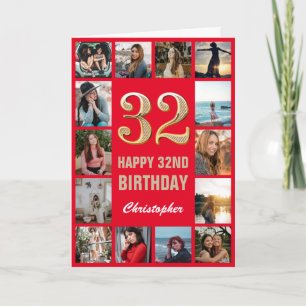32nd Happy Birthday Red and Gold Photo Collage Card