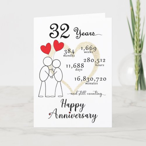 32nd Wedding Anniversary Card with heart balloons