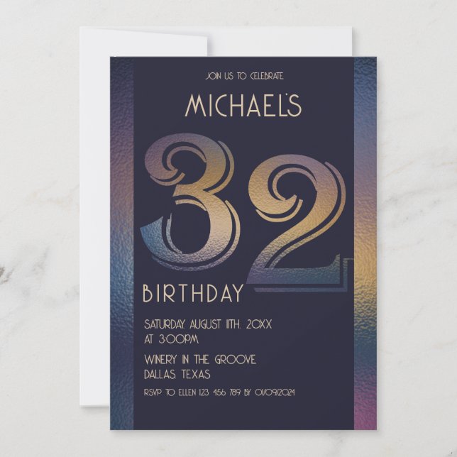 32th modern dark purple and gold birthday invitation (Front)