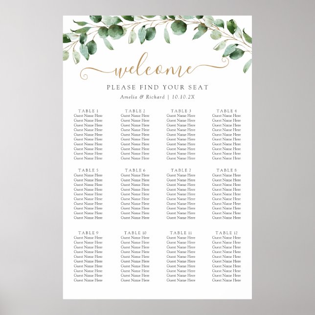 32x48 Eucalyptus Greenery Wedding Seating Chart  (Front)