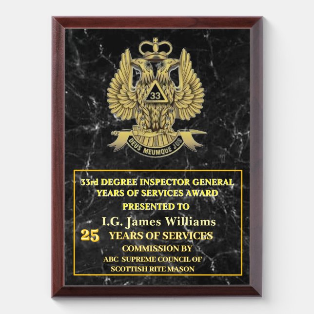33 Degree Mason Year Of Services Award Plaque (Vertical)