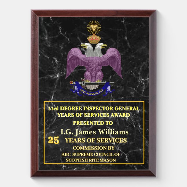 33 Degree Mason Year Of Services Award Plaque (Vertical)