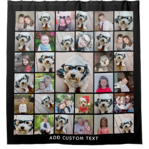33 Photo Collage Modern Square Layout Black Shower Curtain