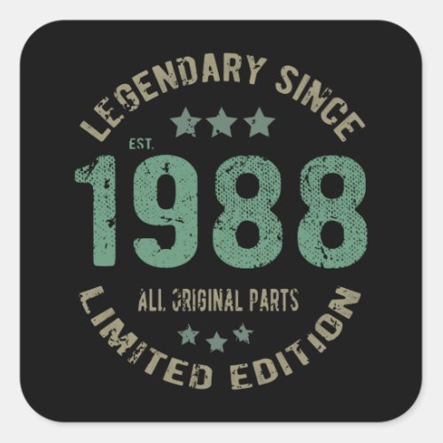 33 Year Old Bday 1988 Legend Since 33rd Birthday Square Sticker