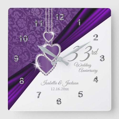 33rd Amethyst Purple Wedding Anniversary Keepsake Square Wall Clock