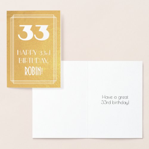 33rd Birthday  Art Deco Style 33  Custom Name Foil Card