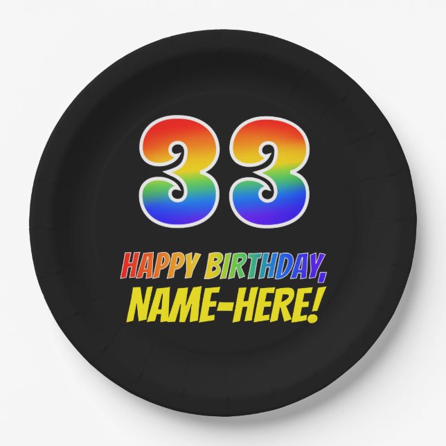 33rd Birthday: Bold, Fun, Simple, Rainbow 33 Paper Plates (Front)