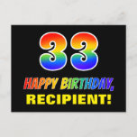 [ Thumbnail: 33rd Birthday: Bold, Fun, Simple, Rainbow 33 Postcard ]