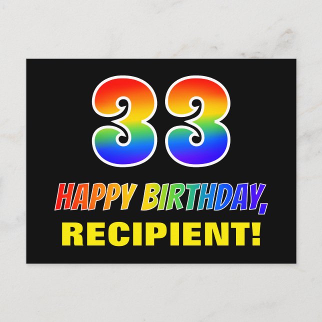 33rd Birthday: Bold, Fun, Simple, Rainbow 33 Postcard (Front)