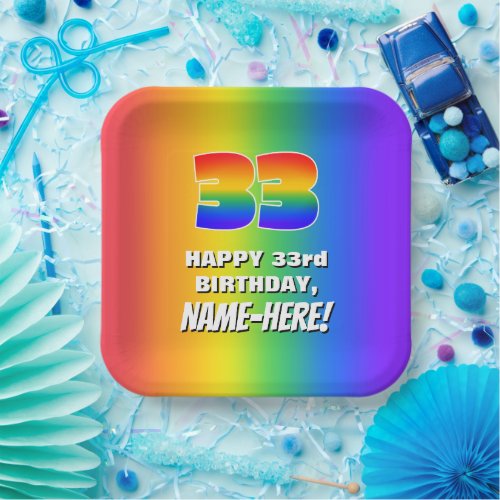 33rd Birthday Colorful Fun Rainbow Pattern  33 Paper Plates