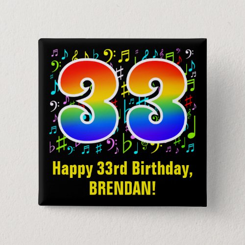 33rd Birthday Colorful Music Symbols Rainbow 33 Button