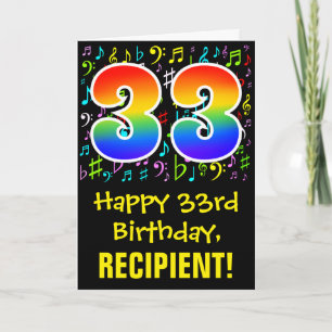 33rd Birthday: Colorful Music Symbols + Rainbow 33 Card