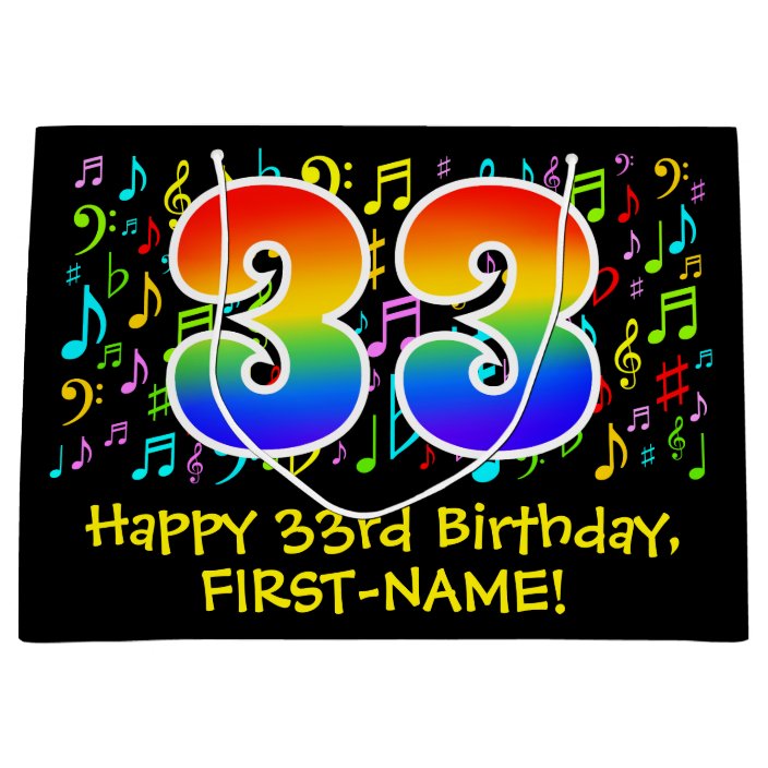 33rd Birthday Colorful Music Symbols Rainbow 33 Large Gift Bag