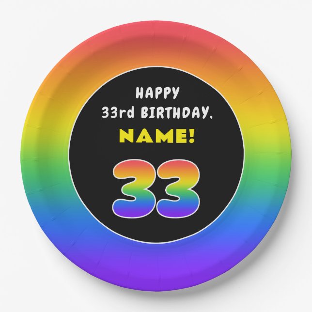33rd Birthday: Colorful Rainbow # 33, Custom Name Paper Plates (Front)