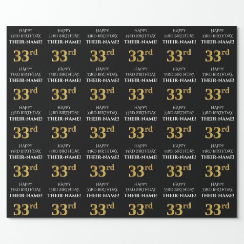 33rd Birthday Elegant Black Faux Gold Look Wrapping Paper