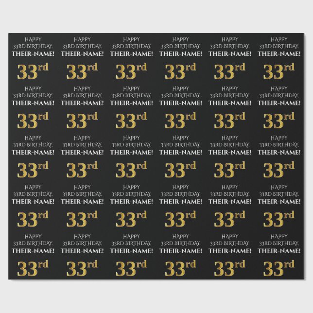 33rd Birthday: Elegant, Black, Faux Gold Look Wrapping Paper (Flat)