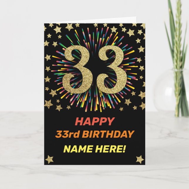 33rd Birthday Fireworks Rainbow Gold Fun Card (Front)