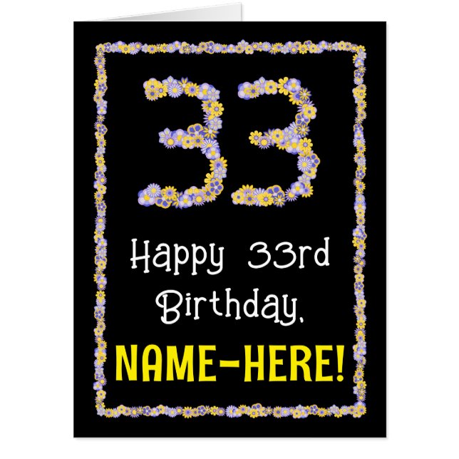 33rd Birthday: Floral Flowers Number “33” + Name Card (Front)