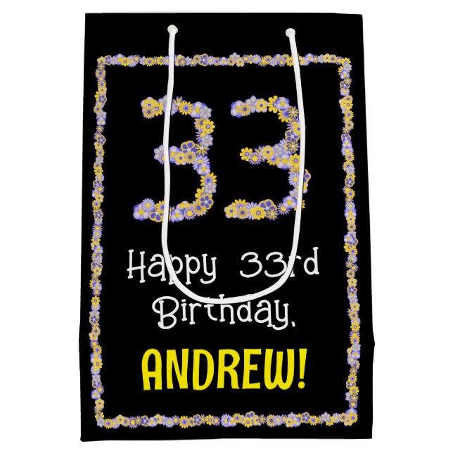 33rd Birthday: Floral Flowers Number, Custom Name Medium Gift Bag (Back)