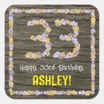 [ Thumbnail: 33rd Birthday: Floral Number, Faux Wood Look, Name Sticker ]