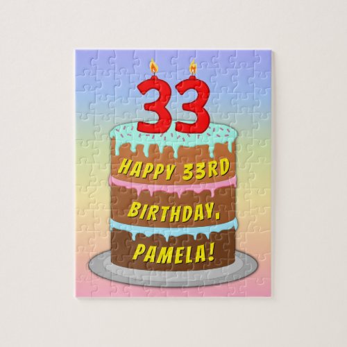 33rd Birthday Fun Cake and Candles  Custom Name Jigsaw Puzzle