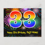 [ Thumbnail: 33rd Birthday – Fun Fireworks Pattern + Rainbow 33 Postcard ]