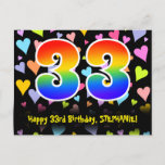 [ Thumbnail: 33rd Birthday: Fun Hearts Pattern, Rainbow 33 Postcard ]
