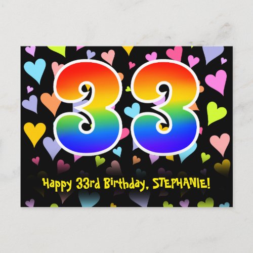 33rd Birthday Fun Hearts Pattern Rainbow 33 Postcard