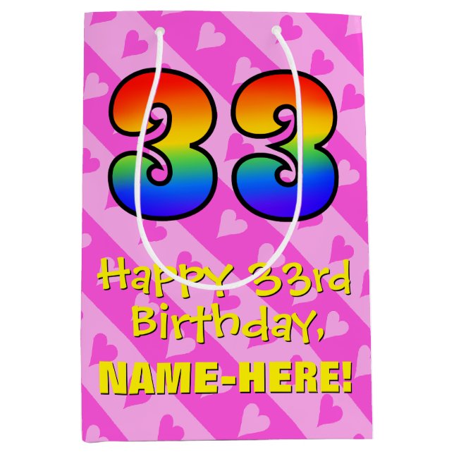 33rd Birthday: Fun Pink Hearts Stripes; Rainbow 33 Medium Gift Bag (Front)