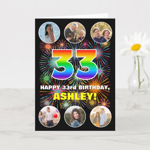 33rd Birthday Fun Rainbow  Custom Name  Photos Card