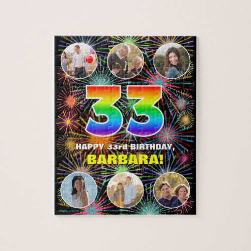 33rd Birthday Fun Rainbow  Custom Name  Photos Jigsaw Puzzle