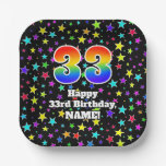 [ Thumbnail: 33rd Birthday: Fun Stars Pattern and Rainbow “33” Paper Plates ]