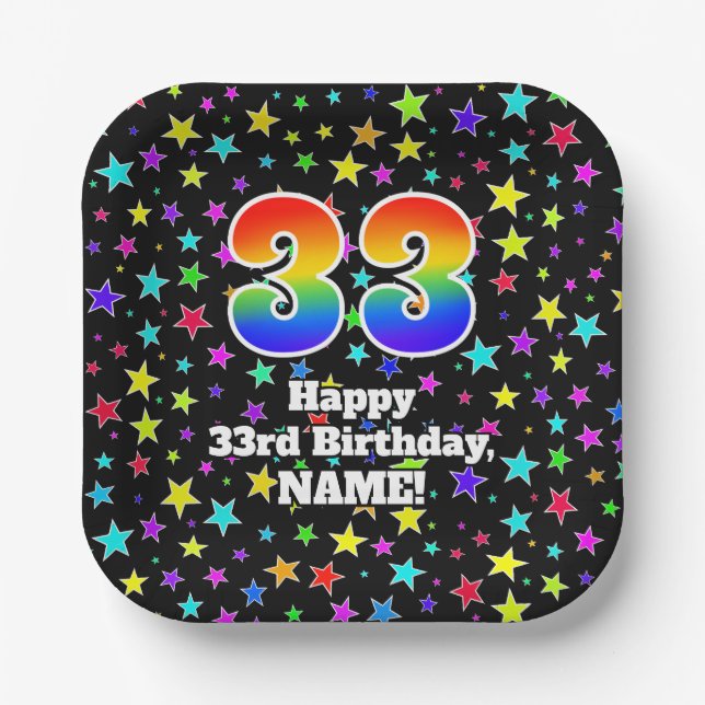 33rd Birthday: Fun Stars Pattern and Rainbow “33” Paper Plates (Front)