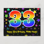 [ Thumbnail: 33rd Birthday: Fun Stars Pattern, Rainbow 33, Name Postcard ]