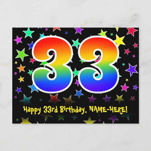 33rd Birthday Fun Stars Pattern Rainbow 33 Name Postcard