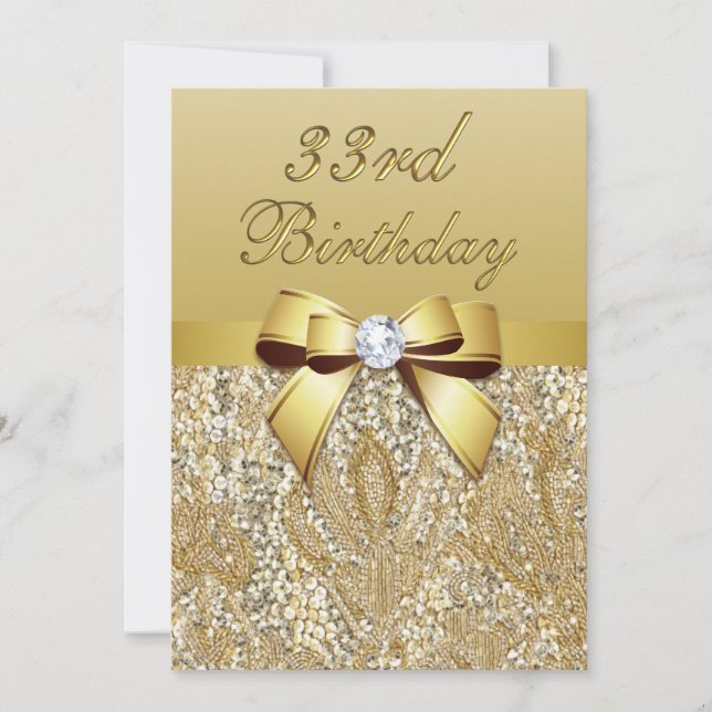 33rd Birthday Gold Faux Sequins and Bow Invitation (Front)