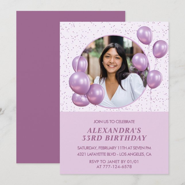 33rd birthday invitation Balloons Photo Purple (Front/Back)
