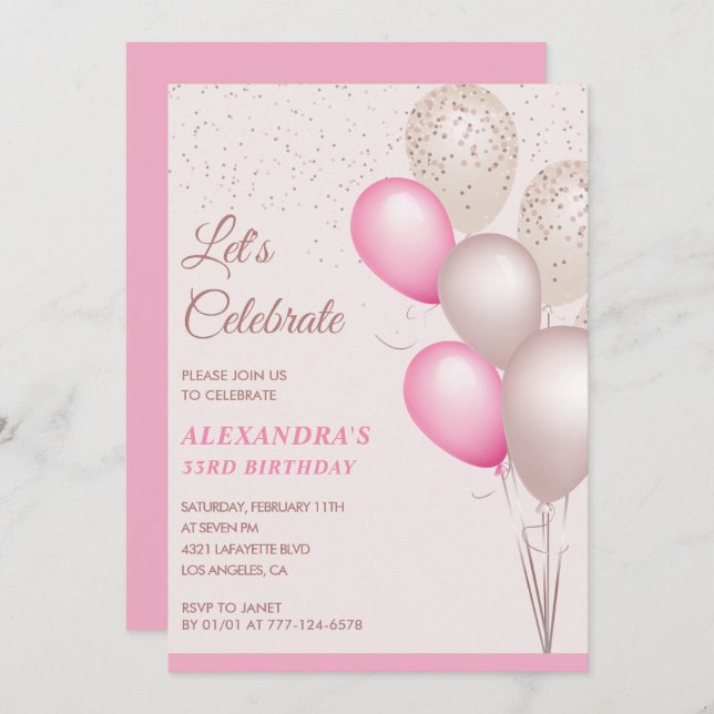 33rd birthday invitation Balloons Pink Confetti (Front/Back)