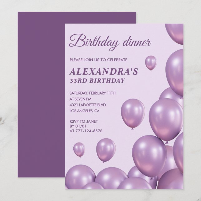33rd birthday invitation Birthday dinner Purple (Front/Back)