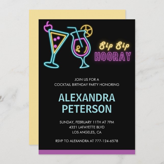 33rd birthday invitation Cocktail Neon Glow (Front/Back)