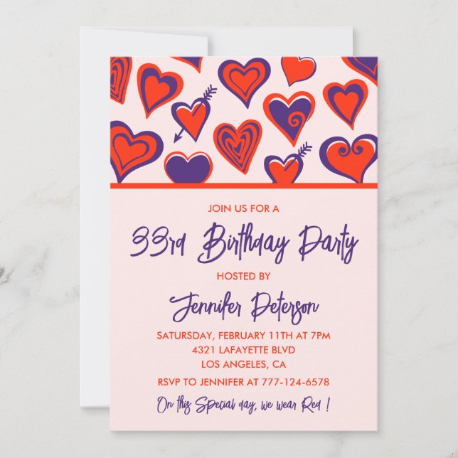 33rd birthday invitation Cute Glam Red Heart  (Front)