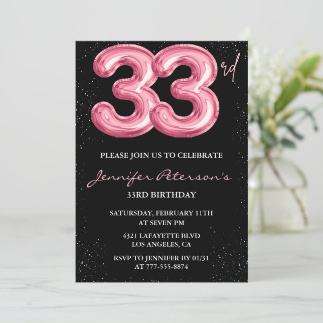 33rd birthday invitation Glam Pink  Black Balloon (Standing Front)