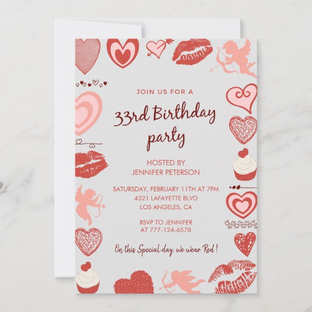 33rd birthday invitation Grey Red Angel (Front)