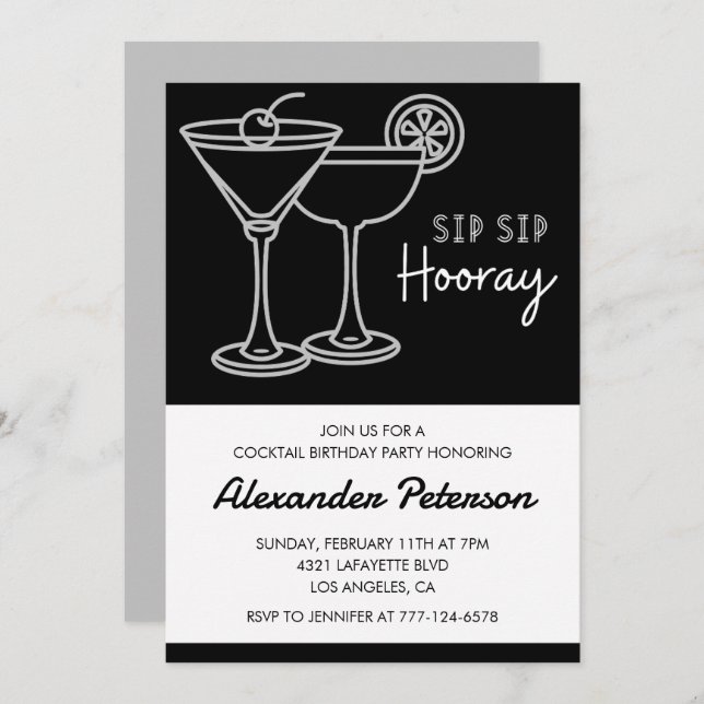 33rd birthday invitation Men Cocktail Black White (Front/Back)