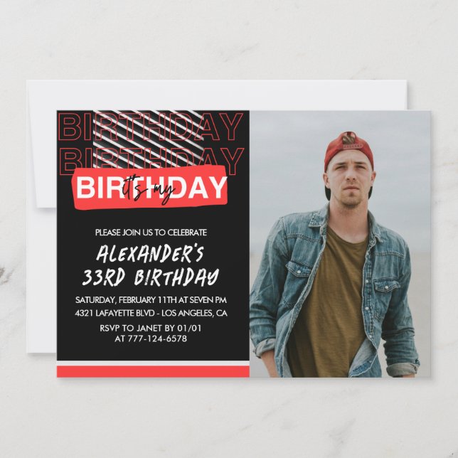 33rd birthday invitation Men Party Photo Red  (Front)