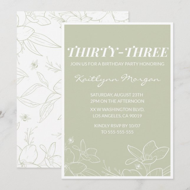 33rd birthday invitation Modern Floral Elegant (Front/Back)